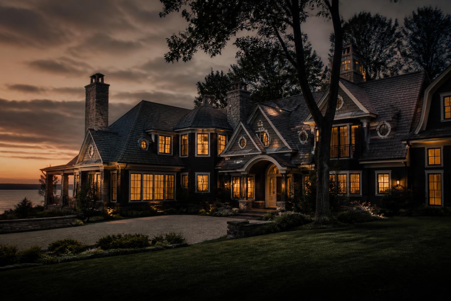 Luxury Michigan home at dusk with a freshly crafted roofline